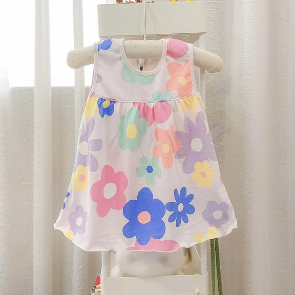 Ndbuld Baby Toddler Girl Woven Dress Short Sleeve Cotton Playwear Dresses 0-5T Summer Baby Girl Infant Lace Skirt Pattern Print Sleeveless Dress Multicolor Free Size
