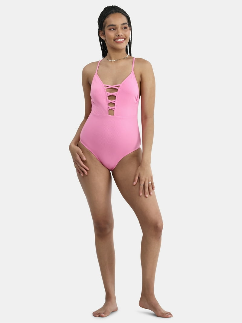 Eé tee rib tight onepiece border No Boundaries Ribbed Lace Up One-Piece Swimsuit, Women's