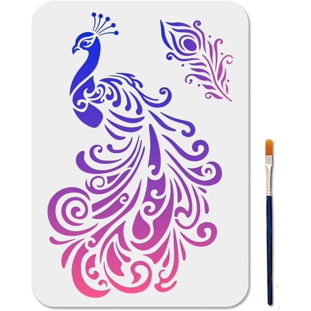 Plantillas de mandalas de pavo real, plantillas de plástico reutilizables de 11,7 x 8,3 pulgadas con diseño de plumas de pavo real y pincel.