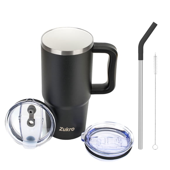 Zukro - Vaso de cer&aacute;mica forrado de 24 onzas con mango y pajita, sin sabor a metal, taza de caf&eacute; aislada de acero inoxidable con tapas a prueba de derrames para el hogar/oficina,