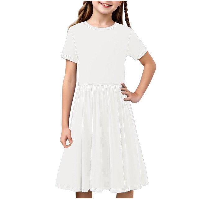 Swstbby Liquidation d'Économies d'Été 2025! Robe d'Été pour Filles, Robe Extensible à Manches Courtes à Imprimé Uni pour Tout-Petits et Filles, Robe Trapèze Blanche 9-10 Ans