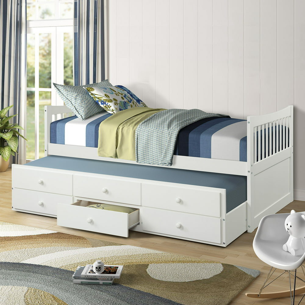 White Twin Bed Frame with Drawers, Kids Captain's Bed with Trundle Bed