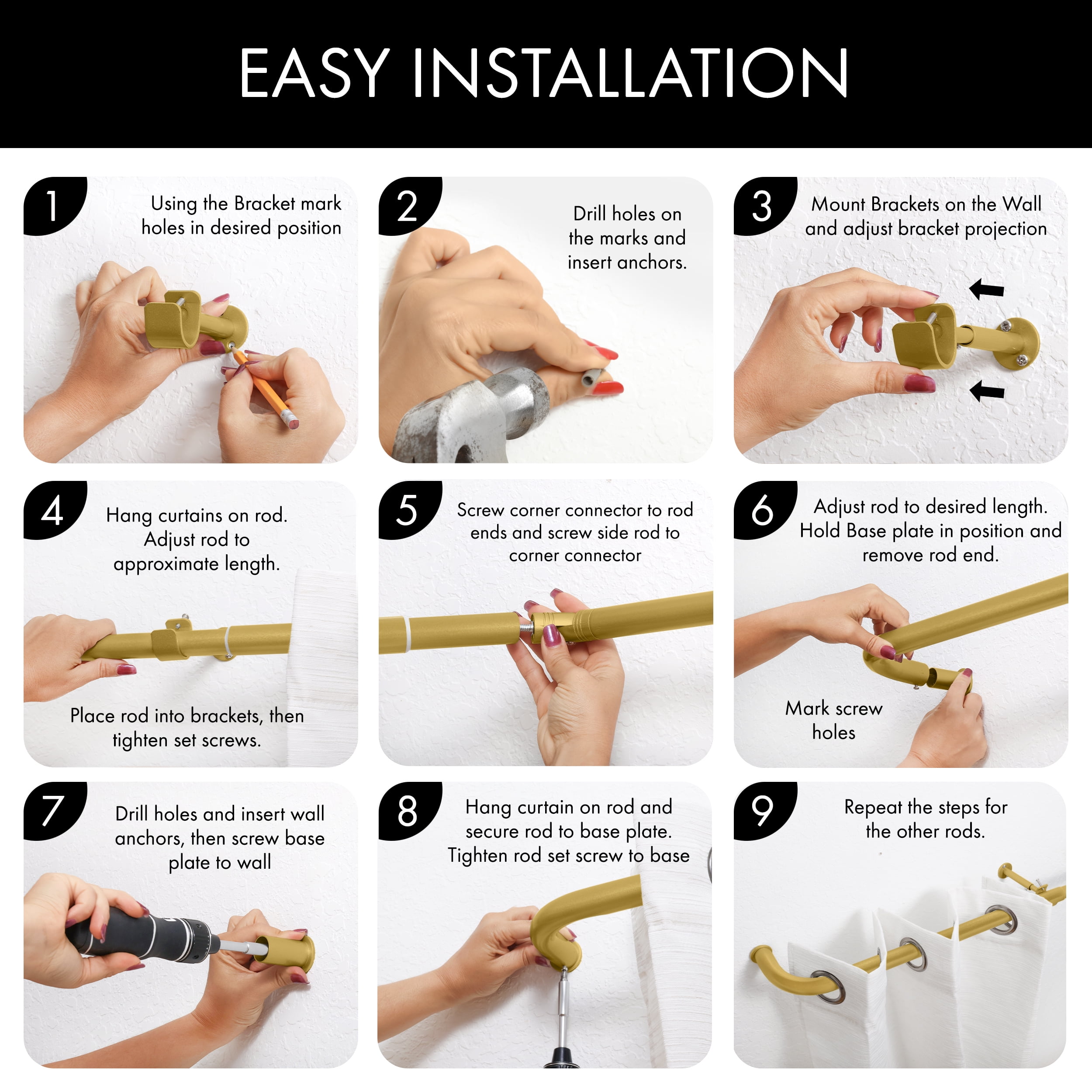 MERIVILLE 1" Bay Window Curtain Rod Set, Adjustable Side 20–37" and Center 38–72", Single Rod, Gold