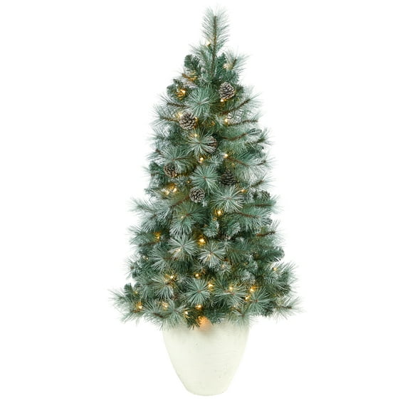 Nearly Natural 50" Frosted Tip Pine Artificial Christmas Tree in Planter, Prelit with 100 Clear Lights
