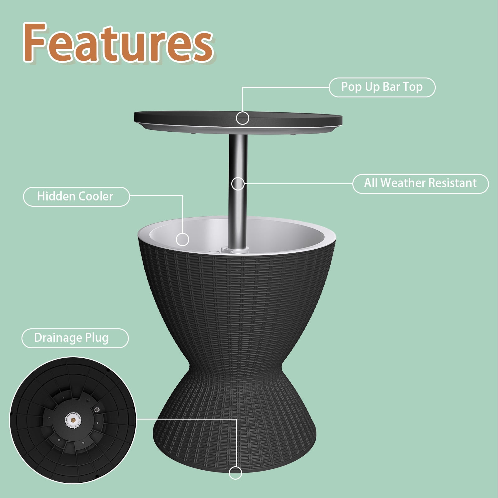 Joxxoaa Cool Bar Outdoor Patio Furniture,  Beer & Wine Cooler Side Table for Hot Tub, Patio, Backyard & Poolside(Black)/(Brown）
