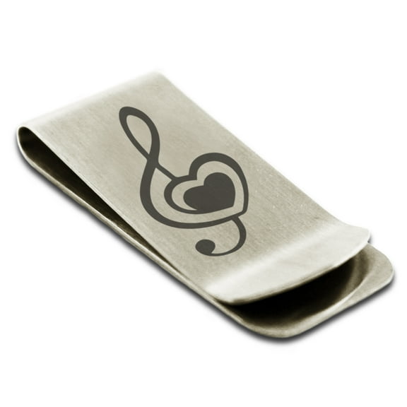 Tioneer Stainless Steel Treble Clef Heart Engraved Money Clip Credit Card Holder