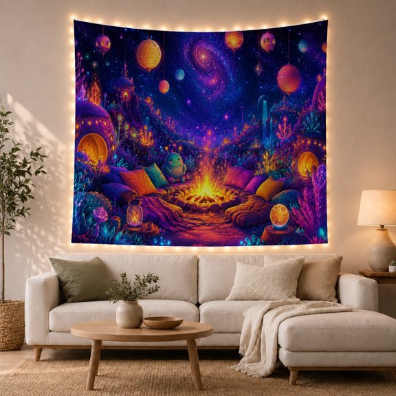 Alien Campfire with Glowing Creature, Dreamy Fantasy for Fantasy Decor Fans, Cosmic Wall Art, Housewarming Gift Tapestry Wall Hanging for Gaming Room, Teen Bedroom and Dorm