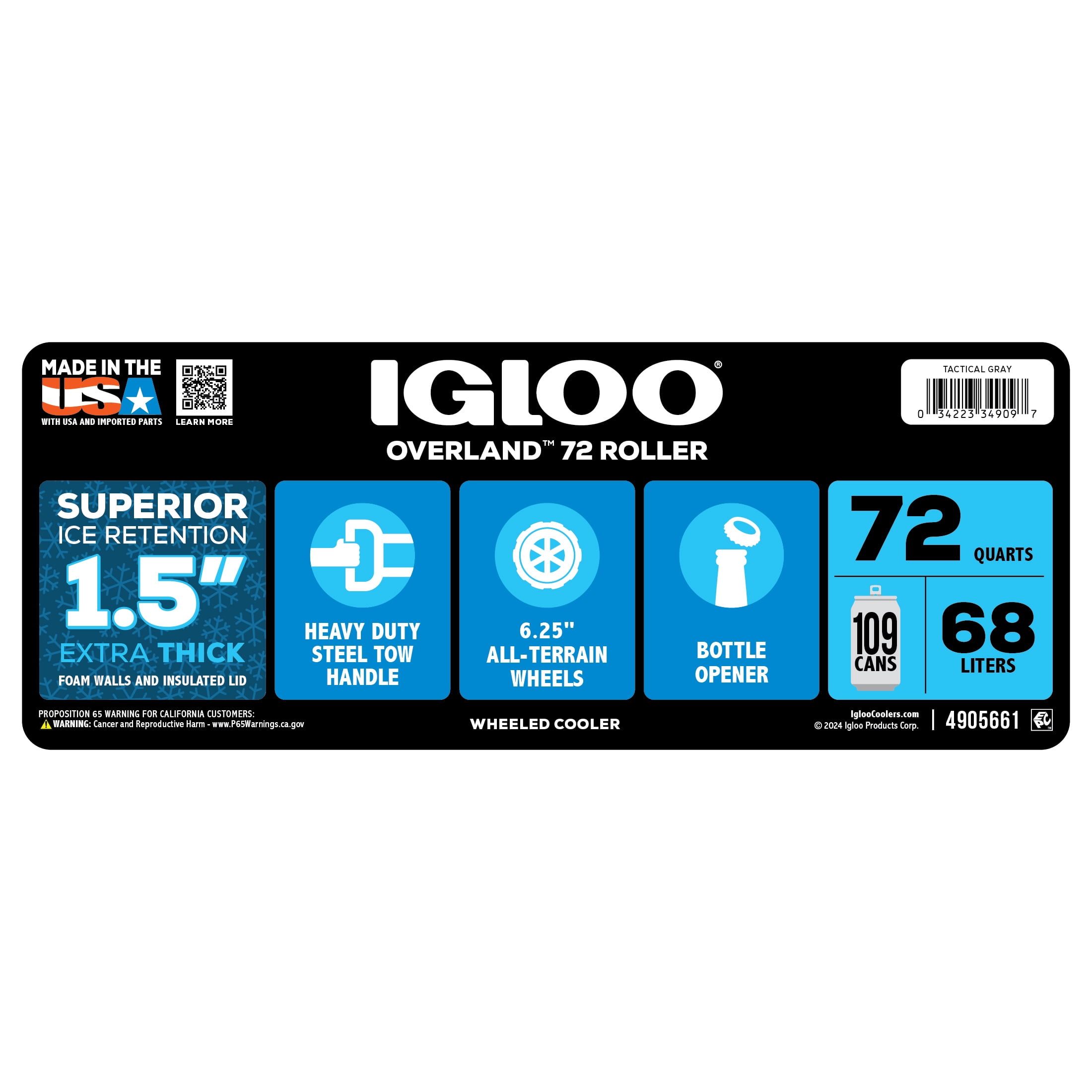 Igloo 72 QT Overland Ice Chest Cooler with Wheels, Gray