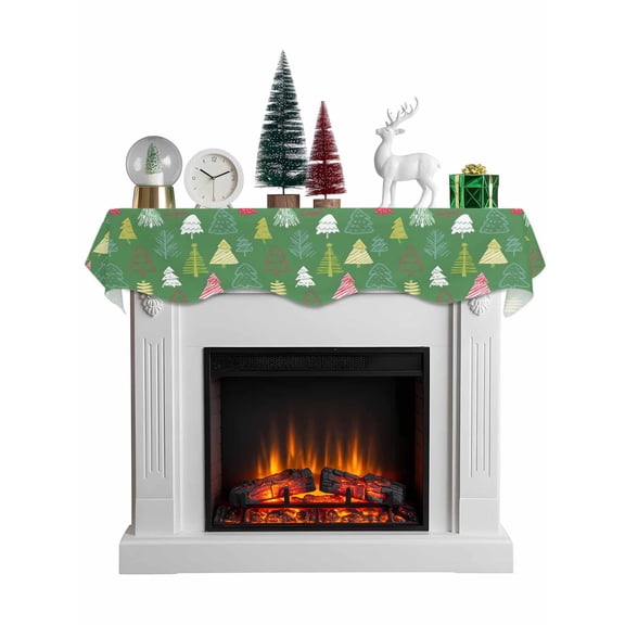 Christmas Tree Mantel Scarf Fireplace Decorations for Living Room, Red Green Gold Yellow Modern Cartoon Fireplace Mantel Scarf Cover Runner for Halloween/Thanksgiving/Christmas Decor 90"x17"