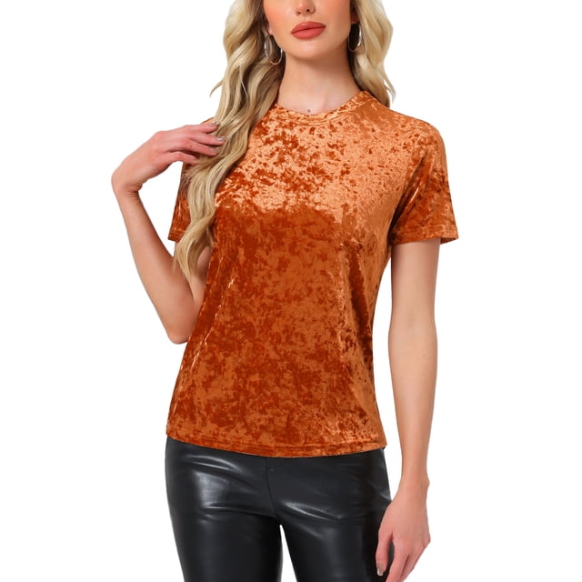 Camiseta de terciopelo de mujer Inspire Chic para fiesta, cuello redondo, manga corta, casual, talla L, color naranja café