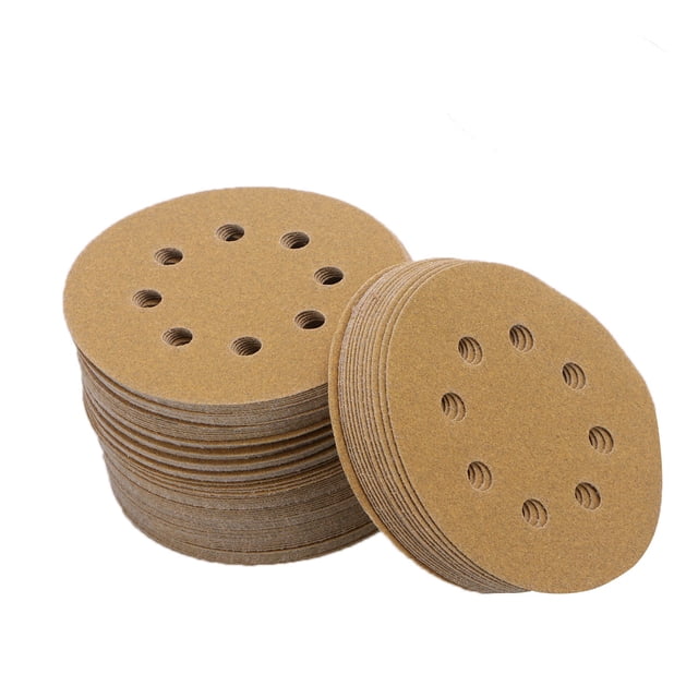 MasteelfCA 100PCS Gold-Cut 5-Inch 8-Hole 120 Grit Dustless Hook & Loop Sanding Discs Sandpaper Circular Pads