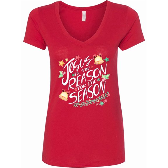 Inktastic Jesus is the Reason for the Season Christmas Bells and Stars Women's V-Neck T-Shirt