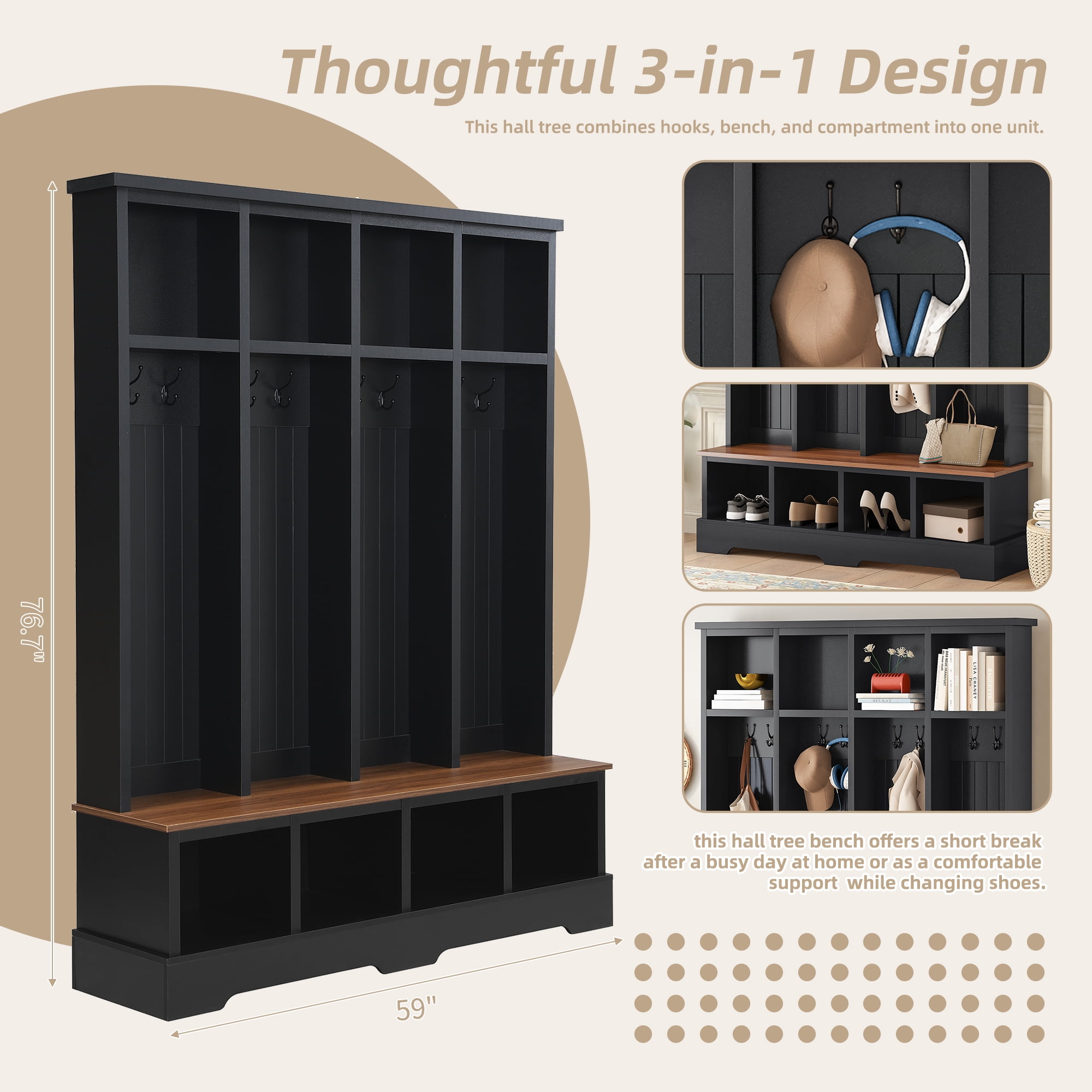 Euroco Farmhouse 59"W Wide Hall Tree with 8 Hooks, Practical Entryway Bench with Open Compartments, 76.7"H Modern 3-in-1 Wooden Style Coat and Shoe Rack for Mudroom, Living Room, Black