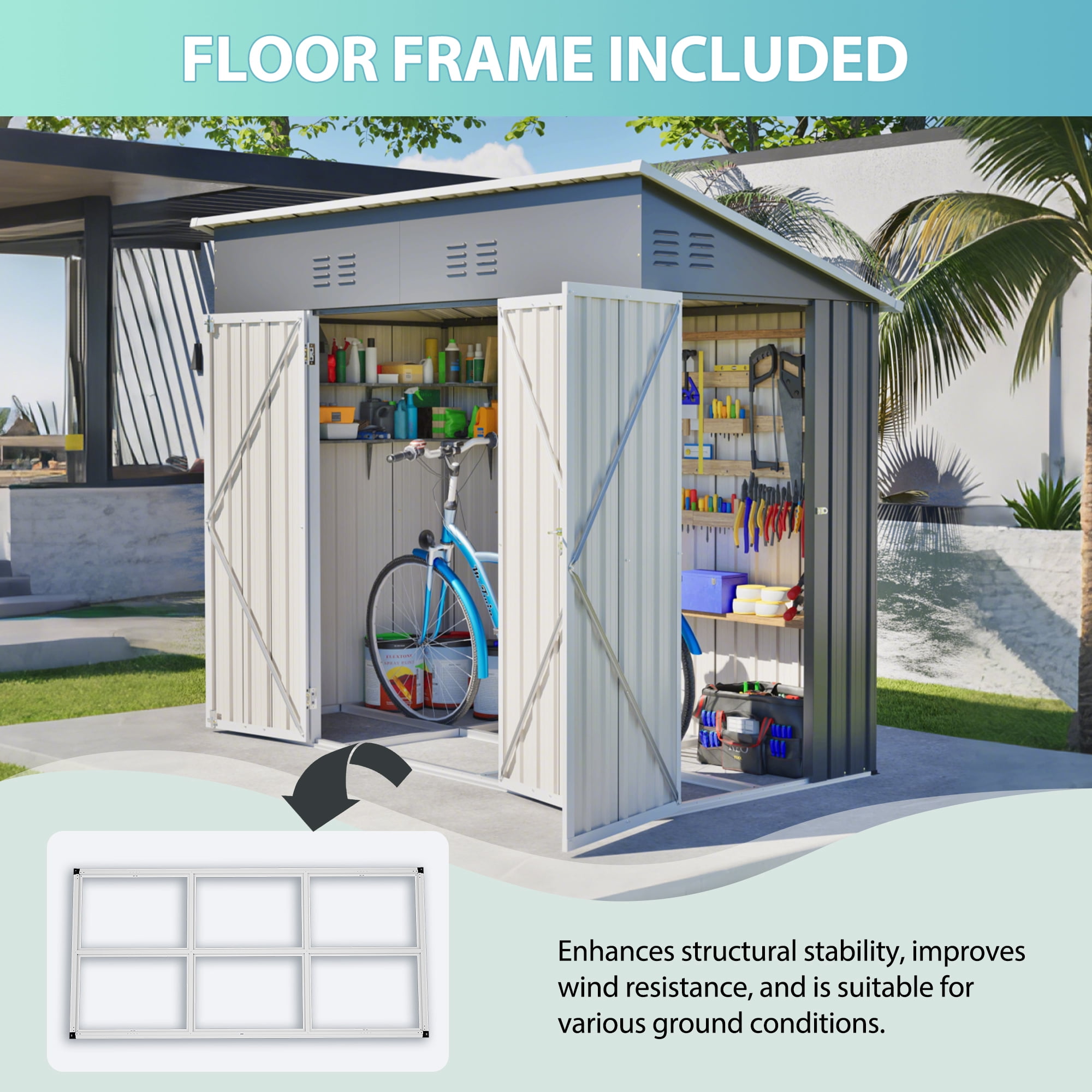 Leumius 4x8 FT Slope-Roof Reinforced Storage Shed with Weatherproof Sloping Roof and 4 Air Vents,Left/Right Optional Door, Outdoor Tool Shed Warehouse for Garden Storage Pet House