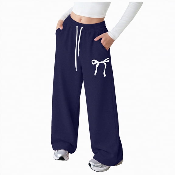 kpoplk Girl's Bowknot Baggy Sweatpants Lightweight Straight Leg Athletic Pants with Pockets(Navy,11-12 Y)