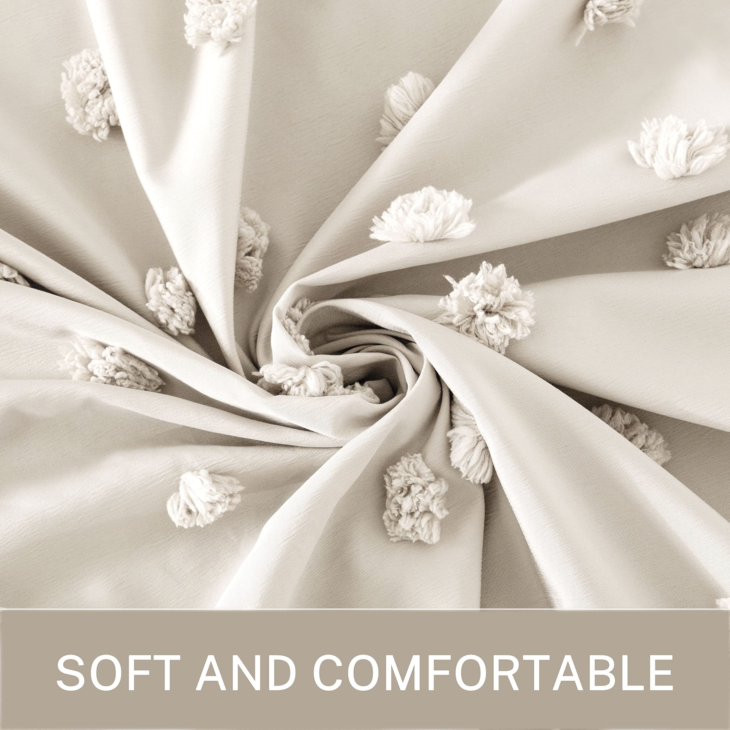Siiluminisoy Beige Farmhouse Shower Curtains, Heavy-Duty Mold/Mildew-Resistant,Water-Repellent, Machine-Washable,Tufted Pleat Floral Puffs Design,72 x 72