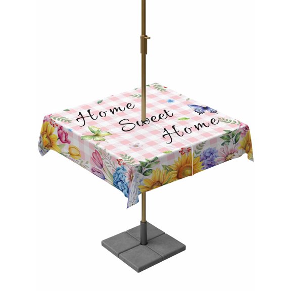 Outdoor Tablecloths with Umbrella Hole & Zipper, Spring Wildflowers 60x60 Inch Square Tablecloths, Watercolor Floral Butterflies Pink Plaid Waterproof Table Cloth, Patio/Pool/Picnic Table Covers