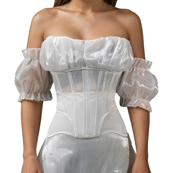 KHONTS,Underbust Corsets Belt for Women Mesh Lace-Up Boned Waist Cincher Shapewear for Weddings & Going Out White XS