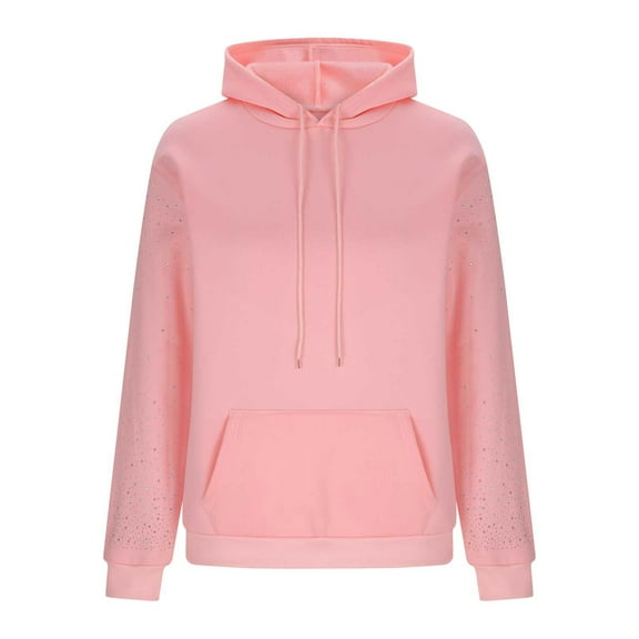 Mifsaly Hoodies for Women Trendy Rhinestone Long Sleeve Drawstring Hooded Sweatshirt Soild Color Drop Shoulder Loose Pullover Tops with Pocket