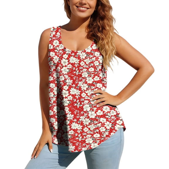 Yutgune Women's Plus Size Cotton Linen Tank Top Floral Print Top Sleeveless Loose Summer Blouse