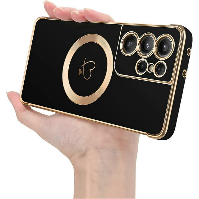 Magnetic Case for Samsung Galaxy S21 Ultra 5G MagSafe, Girls Women Cute Love Heart Pattern Plating Edge Silicone Shockproof Protective Bumper Cover fo