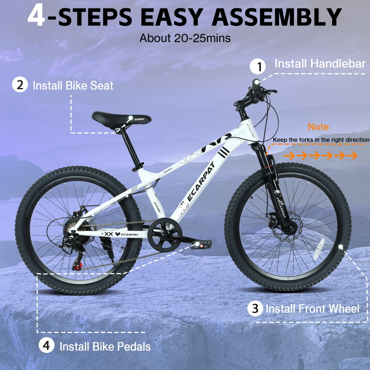 LuckyNote 24 Inch 21 Speed Mountain Bike, Adult Mountain Bicycle with Front Suspension Dual Disc Brakes Steel Frame Non-Slip Tires for Men Women Outdoor Cycling, White