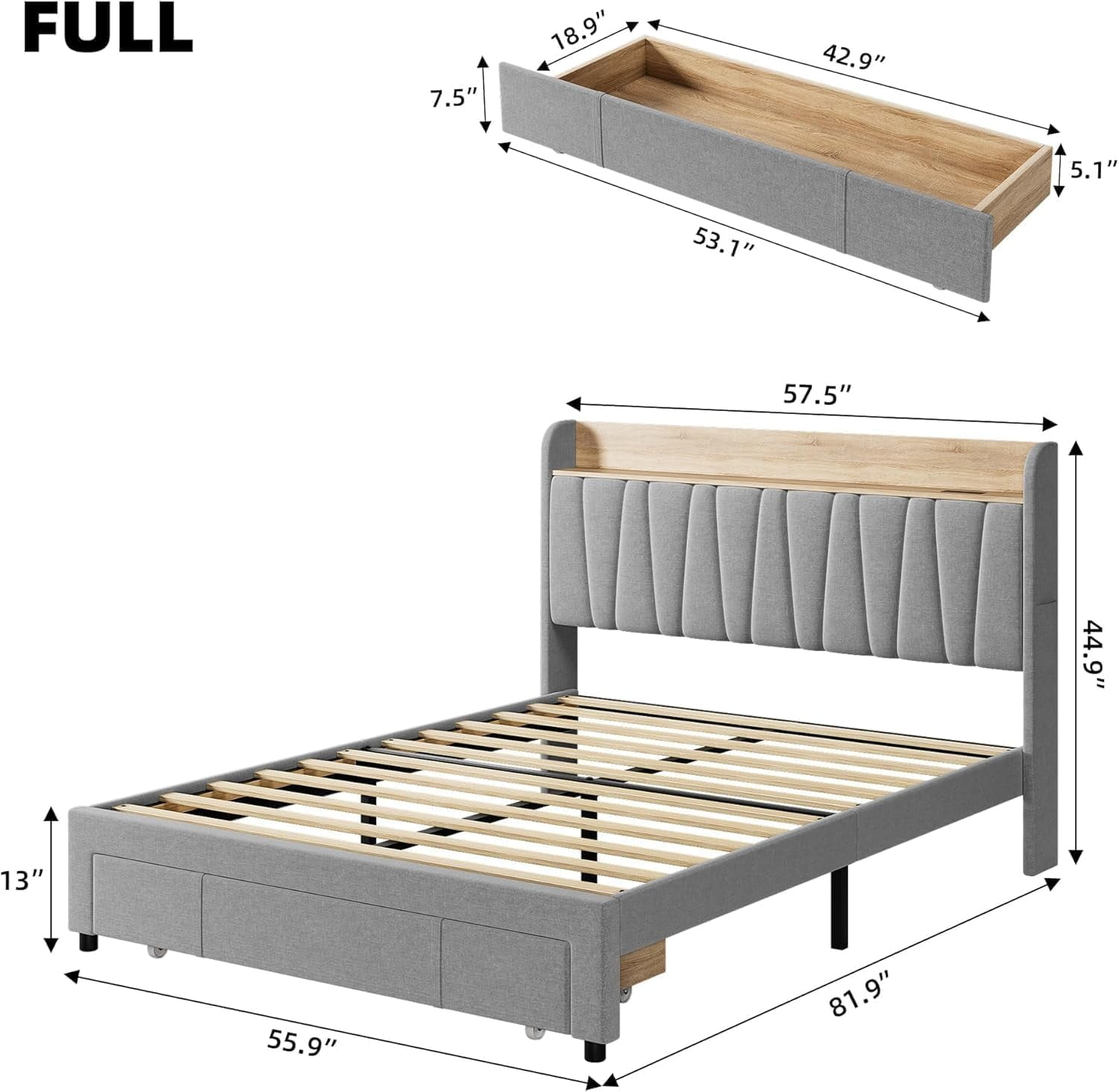 Full/Queen/King Size Bed Frame with Drawer, Upholstered Platform Bed Frame with Storage Headboard and Charging Station, Mattress Foundation with Solid Wooden Slats Support, No Box Spring Needed