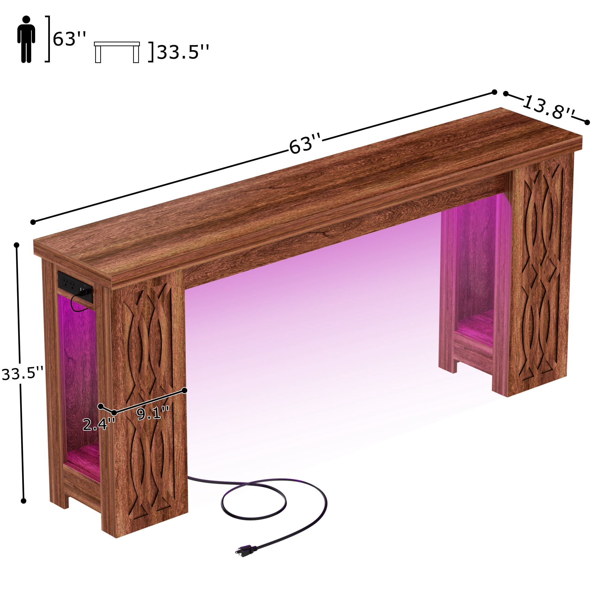 Homieasy 63'' Farmhouse Console Table with Charging Station and LED Lights for Hallway, Entryway, Living Room, Cracked Oak