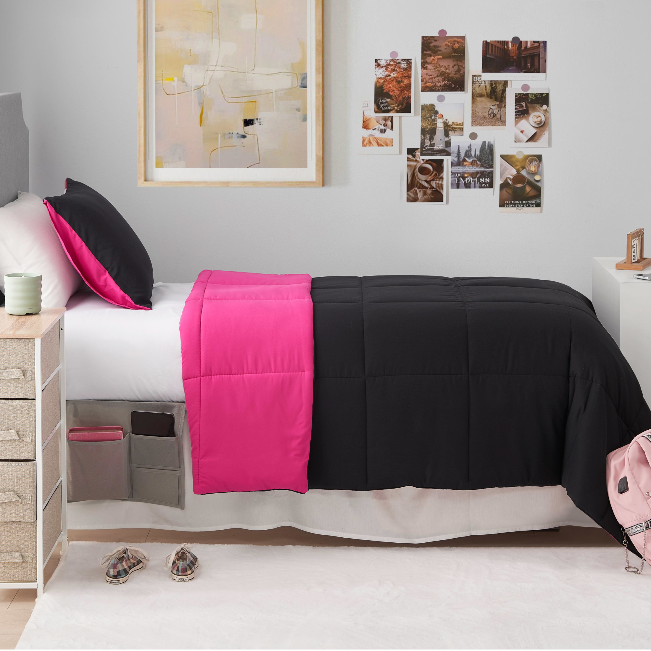 The Sheet Lab Reversible Box Stitch Comforter Set, 2-Piece Twin/Twin XL – Hot Pink/Black
