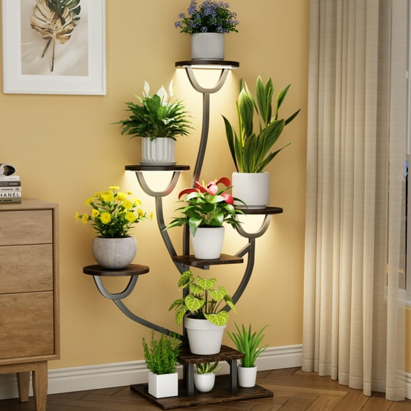 Indoor Plant Stand with Grow Lights, Multi-Tier Metal and Wooden Flower Pot Shelf, 3-Tier LED Grow Light Plant Shelf Rack for Indoor Gardening, Living Room, Balcony, Home Decoration