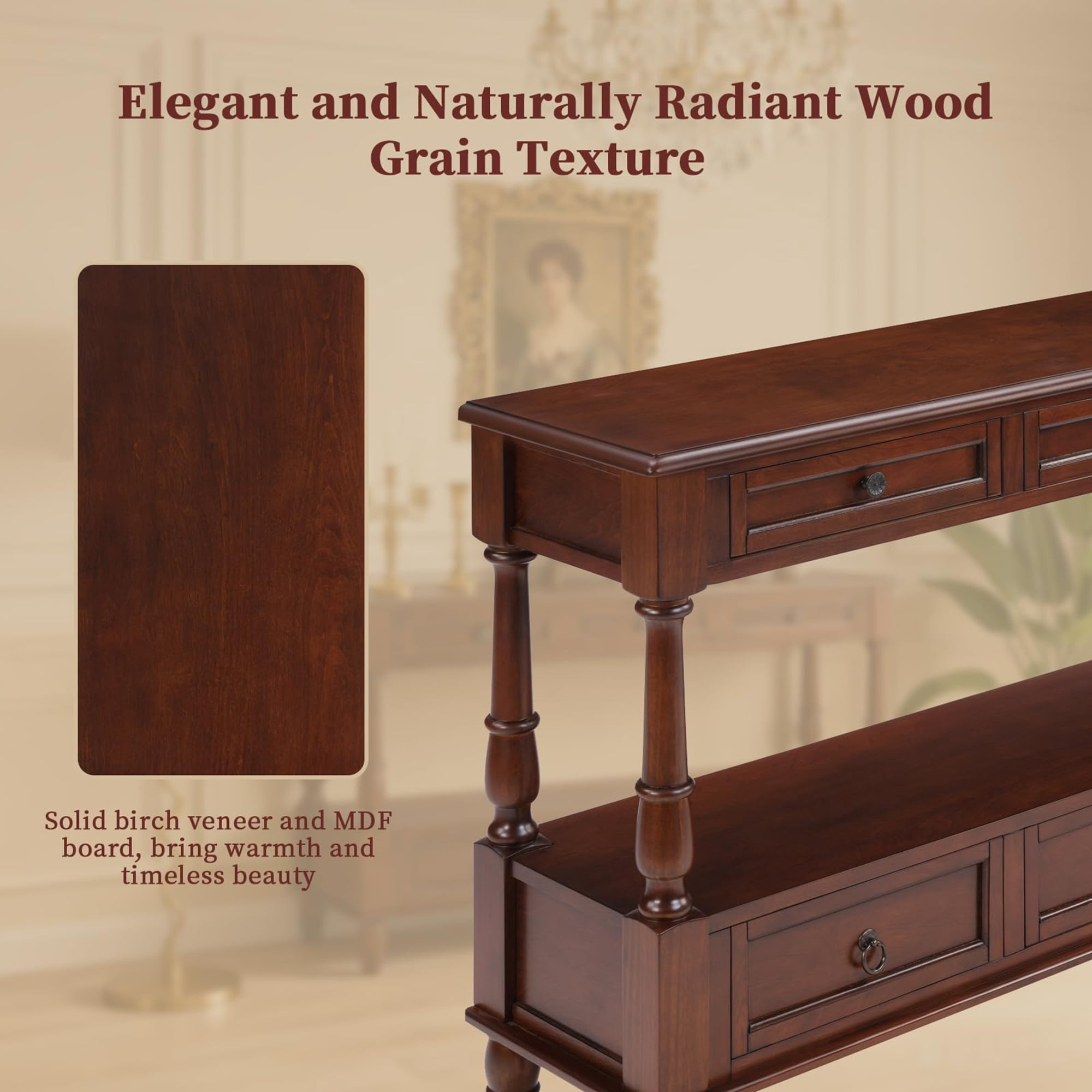 BFJDM Farmhouse Solid Wood Console Table with 6 Drawers and Shelf, Narrow Long, Stain Resistant, Cherry