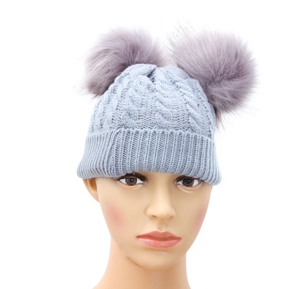 Amosfun Grey Knit Hat with Double Hairball Design Soft Warm Winter Beanie