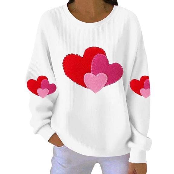 Posijego Women's Valentines Day Sweatshirts Ribbed Long Sleeve Shirts Heart Printed Pullover Lightweight Tops