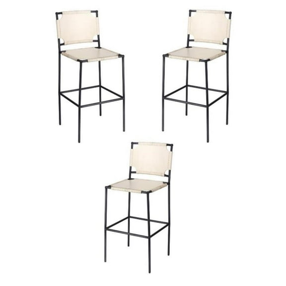 Home Square Transitional Leather Bar Stool in Off White - Set of 3
