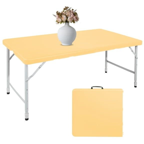 HooKung 4 FT Folding Table with Carry Handle, Portable Fold-in-Half Plastic Table, Rectangle Foldable Table for Indoor/Outdoor Light Yellow