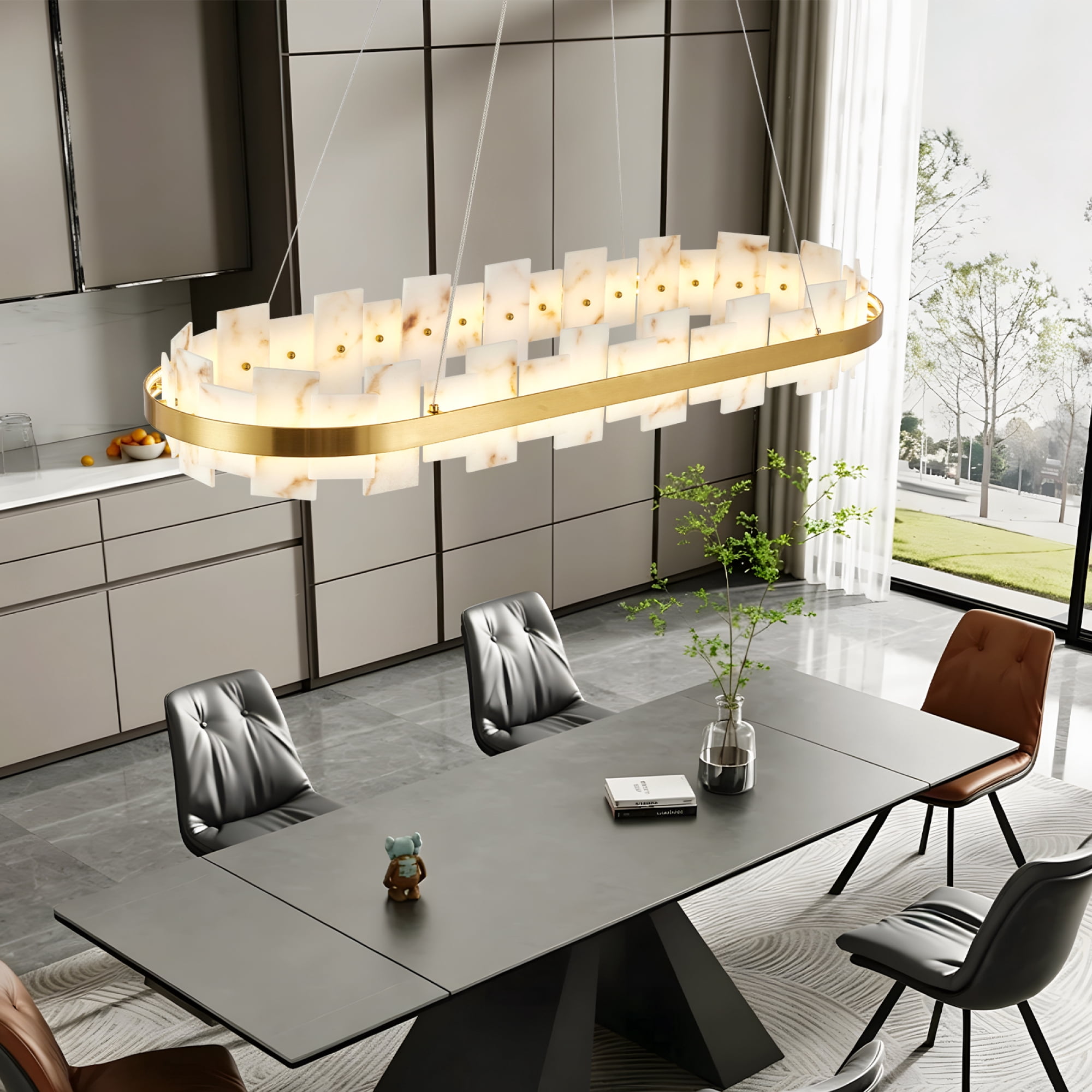 Leumius Alabaster Rectangle Chandelier, Natural Spanish Stone Texture Chandeliers, 46.8" Adjustable Alabaster Chandelier Over Table for Dining Room, Bedroom, Kitchen Island