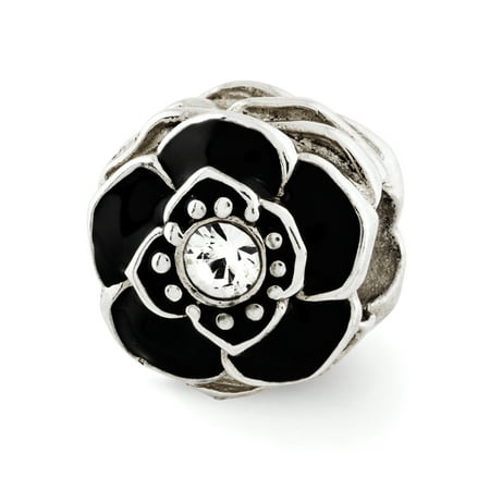 Enamel Sterling Silver Flower Beads - Sterling Silver, Black Enamel & Crystal Antiqued Flower Bead Charm