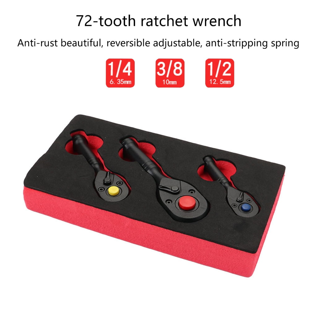 3Pcs 72 Tooth Small Ratchet Wrench Set for Tight Space Includes 1/4'' 3/8'' 1/2'' Drive Quick Release Reversible Design