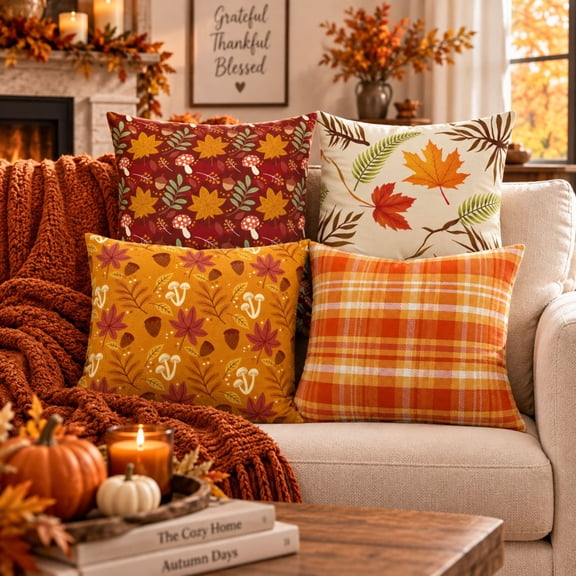 DecorX Fall Pillow Covers Set of 4, 18x18 Maple Leaf Plaid Autumn Decor