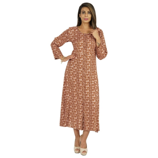 Bimba Robe Maxi Imprimée pour Femmes, Patte de Boutonnage avant, Robe Ethnique, Robes Décontractées en Rayonne