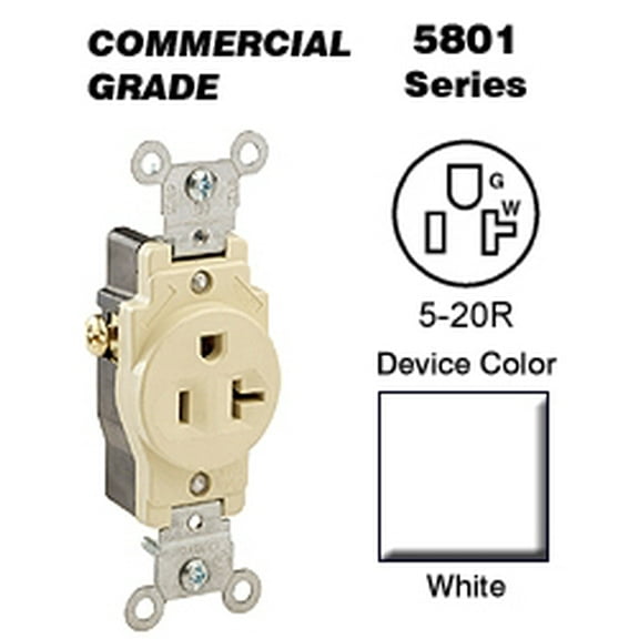 Leviton 5801-W Single Receptacle Straight Blade Grounding 5-20R 20A 125V, White (10 Pack)