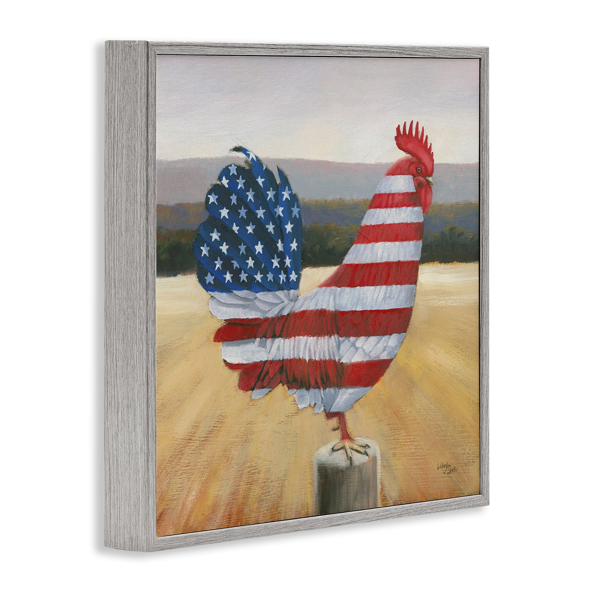 Stupell Industries American Flag Rooster Animals & Insects Painting Gray Framed Art Print Wall Art, 12 x 12