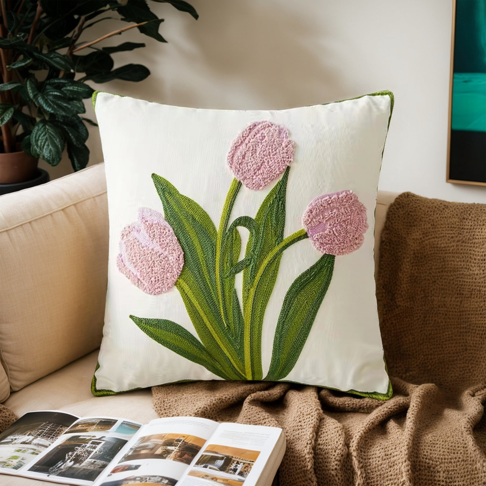 REGALWOVEN Floral Embroidered Decorative Throw Pillow Covers Set of 2, Farmhouse Flower Pattern Flower-8 18" x 18"