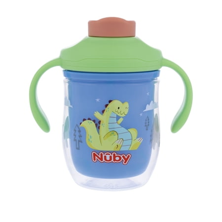 Nuby 2 Handle 7oz Multi-Function 2-in-1 Insulated Cup with Free Flow 360° Weighted Straw & Hard Spout, Dinosaurs