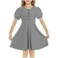 thumbnail image 2 of BRGZLK Girls Summer Dresses Trendy Solid Color Round Neck Puff Sleeve A-Line Dress Casual Comfortable Holiday Midi Dress Gray 11-12 Years, 2 of 7