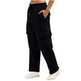 thumbnail image 2 of CQONEPT Womens Cargo Pants Fleece Drawstring Wide Leg Sweatpants Elastic Waist Hiking Workout Trousers with Pockets Black S, 2 of 6