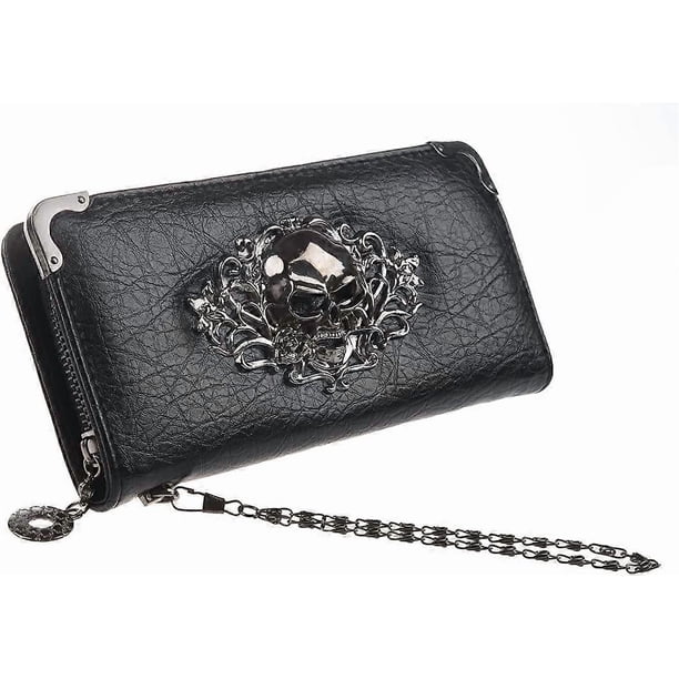 Skull Wallets for Women Zip Around Clutch with Credit Card Holder Phone Case Leather Long Goth Wallet Purse with Wristlet, Black