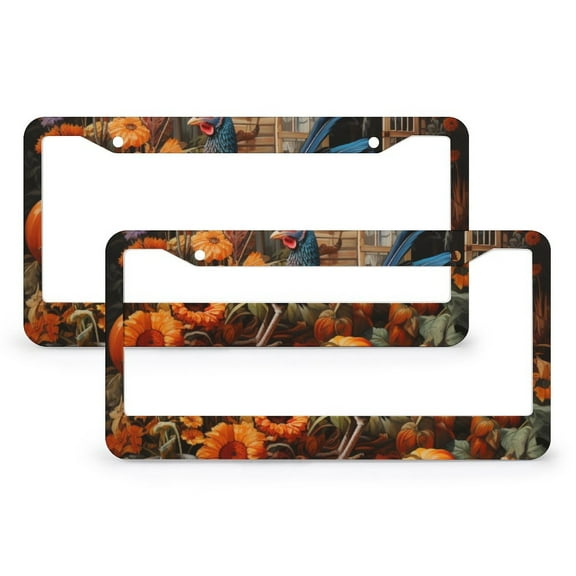 2 Pcs Set Turkey Sunflowers And Pumpkins License Plate Frame Thanksgiving Autumn Halloween Auto Decorative Frames Cars Protector Cover Holder Metal 2 Round Holes for Men/Women