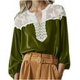 thumbnail image 2 of XUNKUSGA Women's Blouses Fashion Lace Velvet Patchwork Color Block Tops for Women Loose Vintage Lantern Sleeve Womens Blouses Soft Long Sleeve V Neck Women's Tops Green, 2 of 5