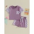 thumbnail image 3 of Yunliwuli Infant Girls Summer Clothes Outfits Checkerboard Patchwork Crew Neck Short Sleeve T-Shirts and Elastic Waist Shorts Suit, 3 of 10